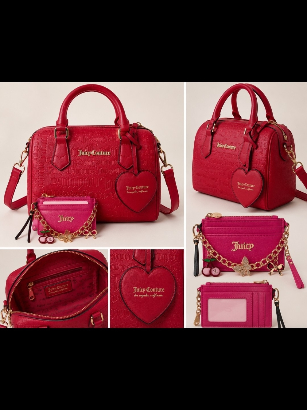 Juicy Couture Red Embossed Satchel with Heart Charm and Coin Pouch Set Both NWT